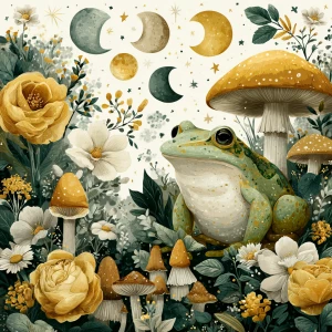 Whimsical illustrated frog, mushrooms, moon phases, mystical for...