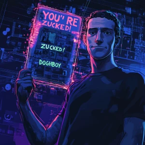 A surreal, hyper-detailed digital illustration of Mark Zuckerber...