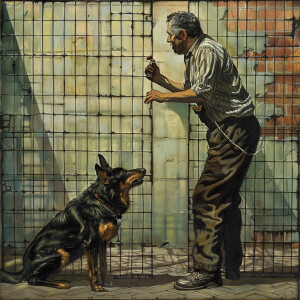 Una jaula con un perro peleando