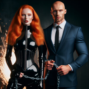 Female, ginger hair, fair skin, in latex suit, chained up by mas...