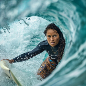 A Maori female surfer confidently rides a large wave, her eyes f...