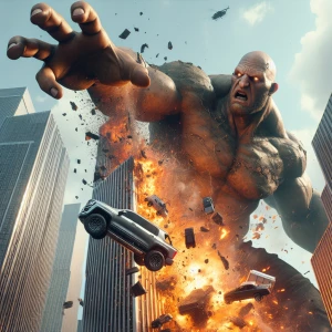 Create a hyper-realistic image of a menacing, bald giant, exuding an aura of malevolence as he hurls vehicles with ease at towering skyscrapers, causing explosions and a shower of debris to scatter across the wide expanse of the sky.