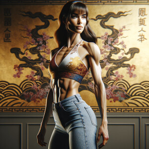 Athletic Thin skinny Attractive, Asian teenage girl, long brown hair and bangs, wearing tight skinny jeans and a halter top paint marks on her clothing, heroic pose Asian graffiti background, side view