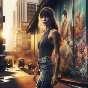 Athletic Thin skinny Attractive, Asian teenage girl, long brown hair and bangs, wearing tight skinny jeans and a halter top paint marks on her clothing, heroic pose Asian graffiti background, backside view