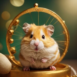 a big pumped-up hamster with a gold chain sits on a golden thron...