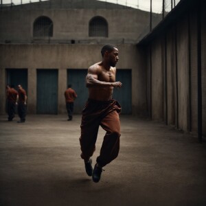 In a dimly lit prison yard, an inmate break dances with mesmeriz...
