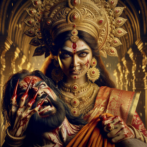 portrait of angry looking goddess durga  carrying a weak mahishasur in her arms and poking him with her amazingly long red fingernails. She is wearing a huge gold crown, red saree, abundant  gold jewelry, covered in blood. The scene is set in ancient India. The image is 8K resolution, cinematic, ultra detailed face and epic.