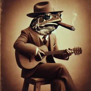 Create an image of an anthropomorphic toad wearing a vintage suit and a fedora, seated on a wooden stool. It has a cigar in its mouth and is playing an acoustic guitar.