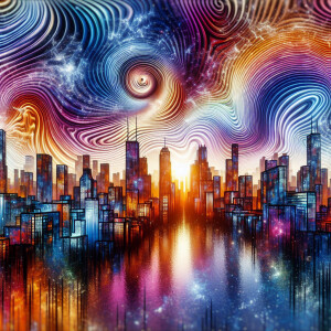Psychedelic uptown Chicago City with all psychedelic colors