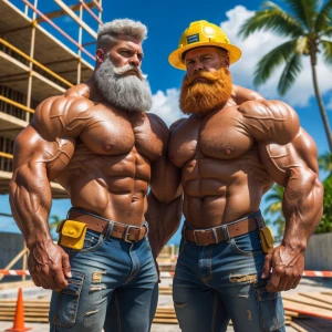 Two muscular bodybuilders standing side by side in a vibrant Haw...