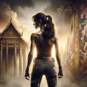 Athletic Thin skinny Attractive, Asian teenage girl, long brown hair and bangs, wearing tight skinny jeans and a halter top paint marks on her clothing, heroic pose Asian graffiti background,  backside view