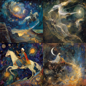 Muhammad on his night journey Traveling on a white  light throug...