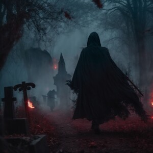The Grim Reaper, shrouded in a tattered black cloak, scythe in h...