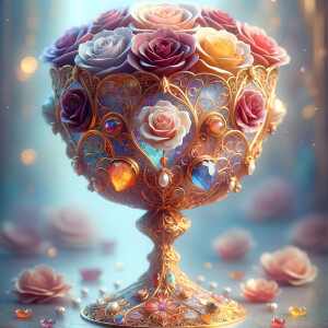 A magical and elaborate golden chalice intricately designed to resemble a blooming flower, holding within its petals not one, but a collection of roses in a vibrant array of colors. Each rose—ranging from the softest lavender to the deepest maroon, the sunniest yellow to the most vivid coral—sits nestled within the translucent enamel inlay that mimics the delicate petal structure. The chalice is encrusted with gold filigree and adorned with pearls, and the stem and base are embellished with rose quartz stones and a filigree pattern. It's set against a subtly blurred background with hints of gentle blue, emphasizing the chalice's otherworldly charm.