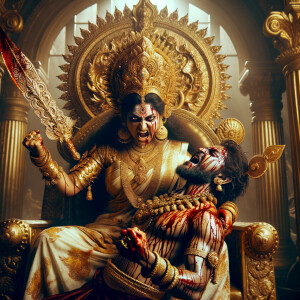 portrait of angry looking goddess durga sitting on a gold crown...