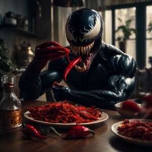 Venom seated at a dining table, consuming a red chili pepper.