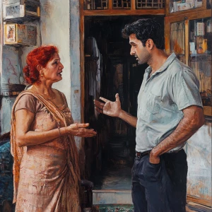 Hyperrealistic painting,A muscular sweaty man talking to his 54...