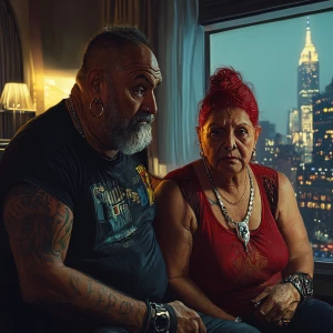 realism style .A sweaty beefy muscular man sitting with his 54 y...