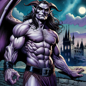 comic style, 8k, a muscular gargoyle with lavender skin, long da...