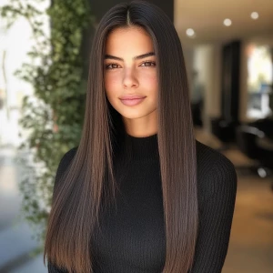 a woman, look to the camera, long sleek straight Hairstyle, perf...