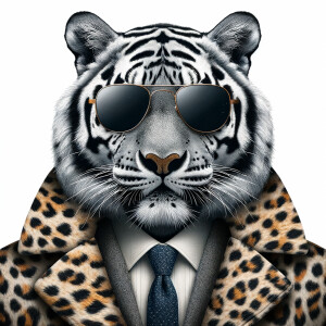 Ultra realistic depiction of a tiger wearing modern coat made en...