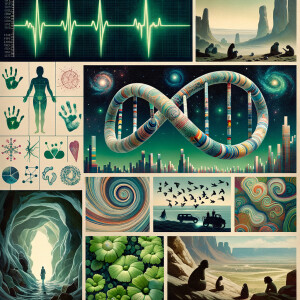 lie detector graphs, cardio, printout , branches infinity sign, cave, Art, handprints, distant birds flying, flowering vines, abstract gestural painting, dna cave drawings galaxies electrical cardiogram