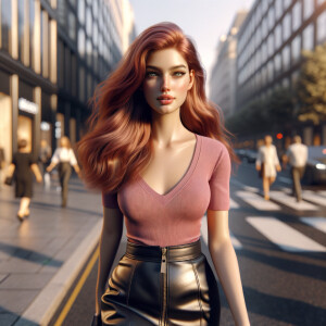 A photorealistic full body portrait of a beautiful 20-year-old French girl with long red hair and green eyes, large breast size, wearing a pink short sleeve v-neck shirt, a short black leather miniskirt and pink high heeled pumps, walking on a crowded city street, city in the background, realistic, ultrarealistic, uhd, masterpiece