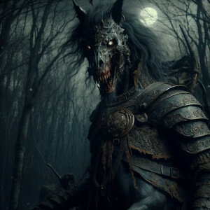 Create an image of a threatening centaur wearing a decrepit, dar...