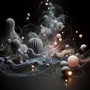 Floating organic shapes intertwined with neon light trails, futu...