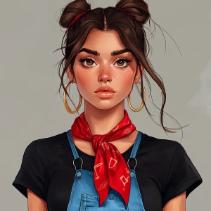 girl with brown hair, thick eyebrows, pumped up lips, potato nos...