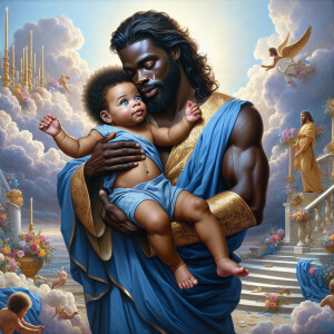 Classical oil painting style depicting an African-American Jesus...