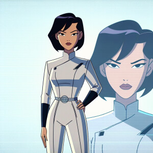 1990s anime screencap, girl a plugsuit, standing with hands on h...