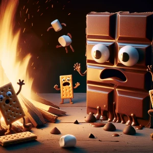 An anxious-looking anthropomorphic chocolate bar character with...