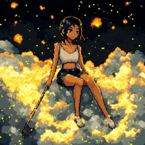 A 24-bit styled illustration of a girl amidst clouds, with yello...