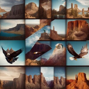 "Create an image featuring a majestic eagle soaring above iconic...