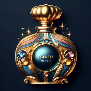 Create a 3-D realistic gold and blue, colorful jewels perfume b...