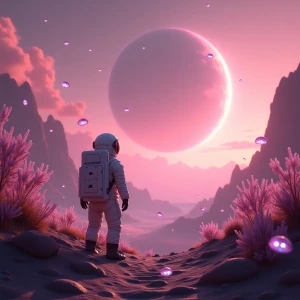 An astronaut discovering a surreal alien planet with pink skies, bioluminescent plants, and floating jellyfish-like creatures.