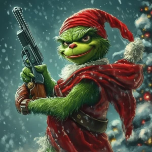 Grinch with a gun in his hands as a bandit. Use carton style. Ea...