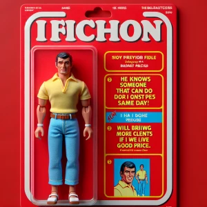 Create a product packaging for an action figure called "Cheap Cu...