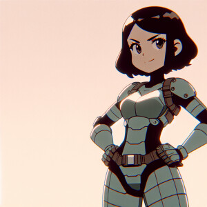 1990s anime screencap, girl in plugsuit, standing with hands on...