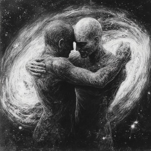 Imagine the cosmos as two men, each representing different aspec...