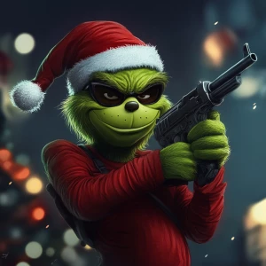 The Grinch as an armed robber in carton style.
