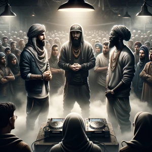 Three urban rap artists are standing in a circle at a small, smo...