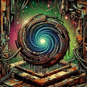 In the center of the painting, a corroded metal vortex emits an...