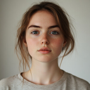Portrait of a 22-year-old American woman with a clean face, appe...