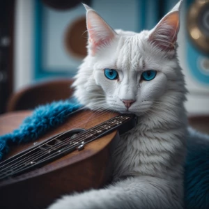 Turkish Angora cat with piercing blue eyes strumming an acoustic...