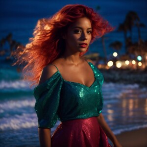 Ariel la Sirenita de Disney paseando por la playa de noche
