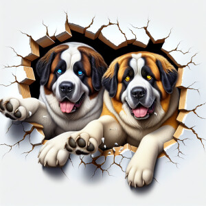 A highly detailed 3D illustration of a st bernard with one blue...