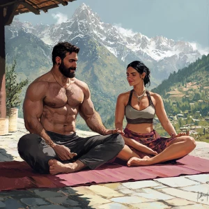 Realism art style 1:1,A muscular beefy sweaty  man and his 50-ye...