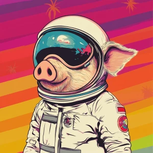 Cute cartoon pig in vintage white spacesuit and NASA style helme...